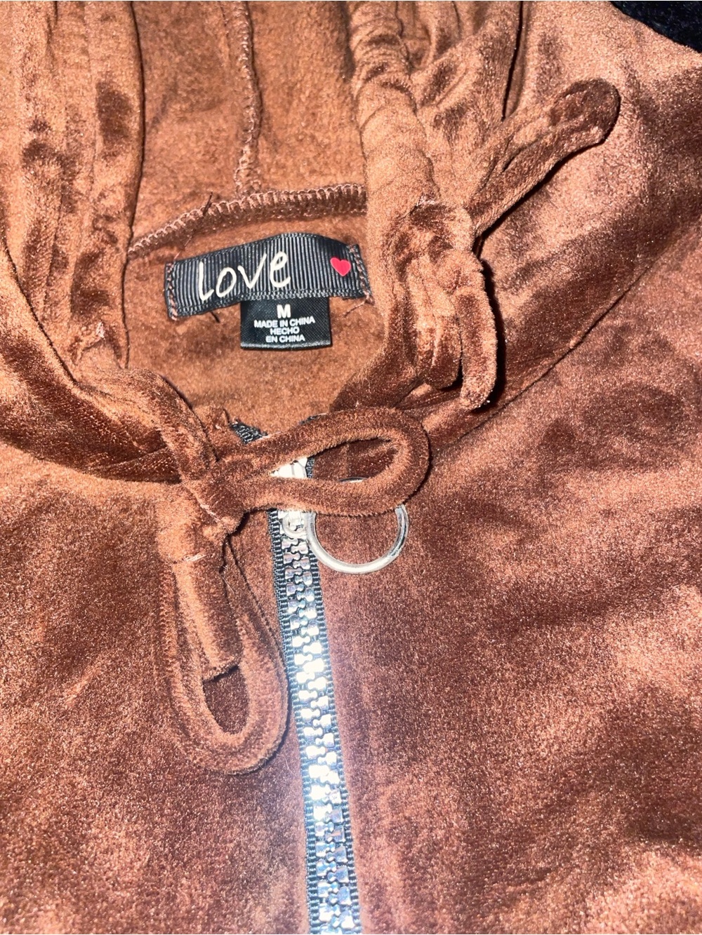 Love Brown Plush Velour Zip Hoodie with Ring Pull